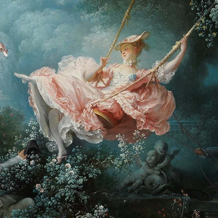 Painting of a woman in a pink dress swinging on a swing in a garden with classical sculptures and figures.