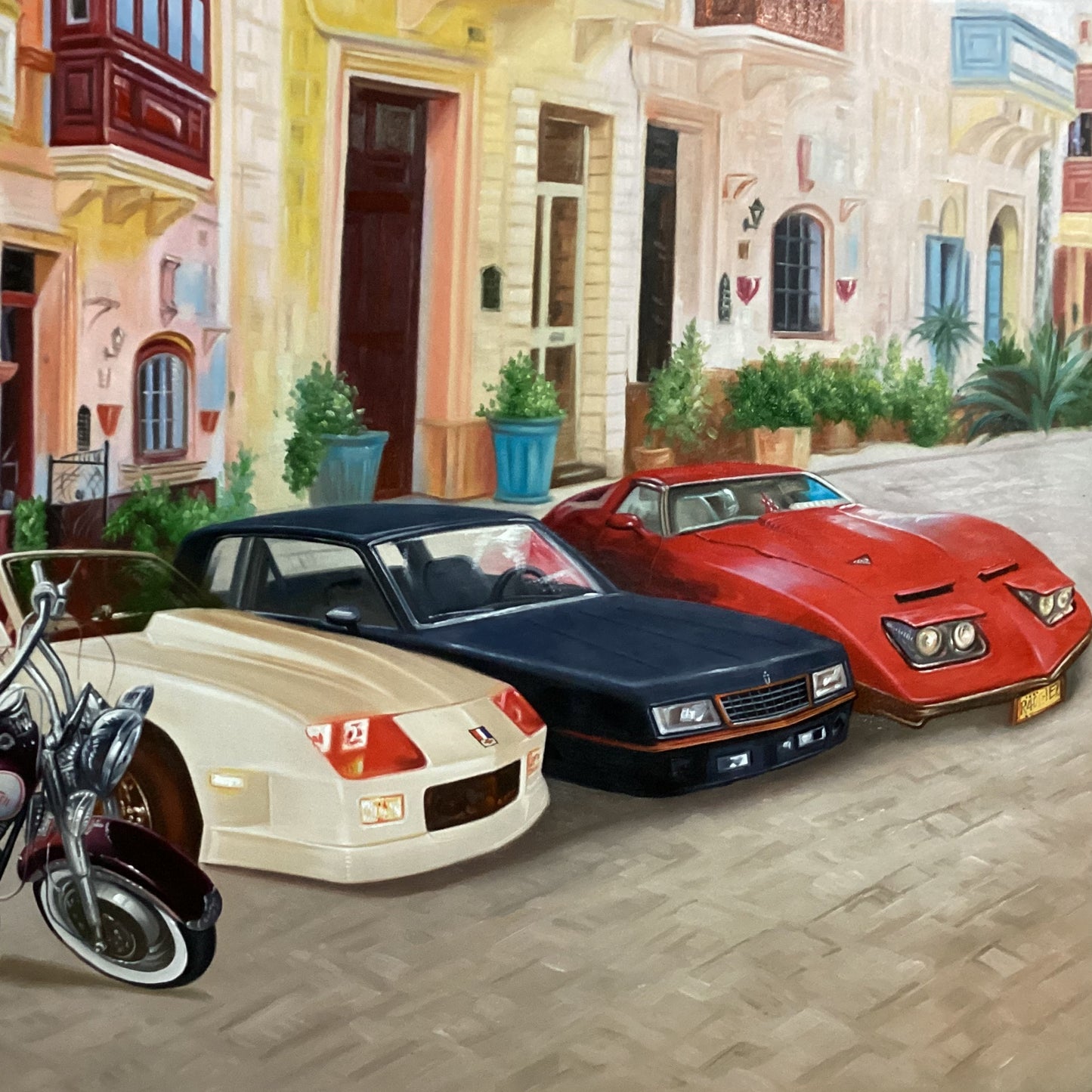 Illustration of vintage cars and a motorcycle in front of a colorful building.