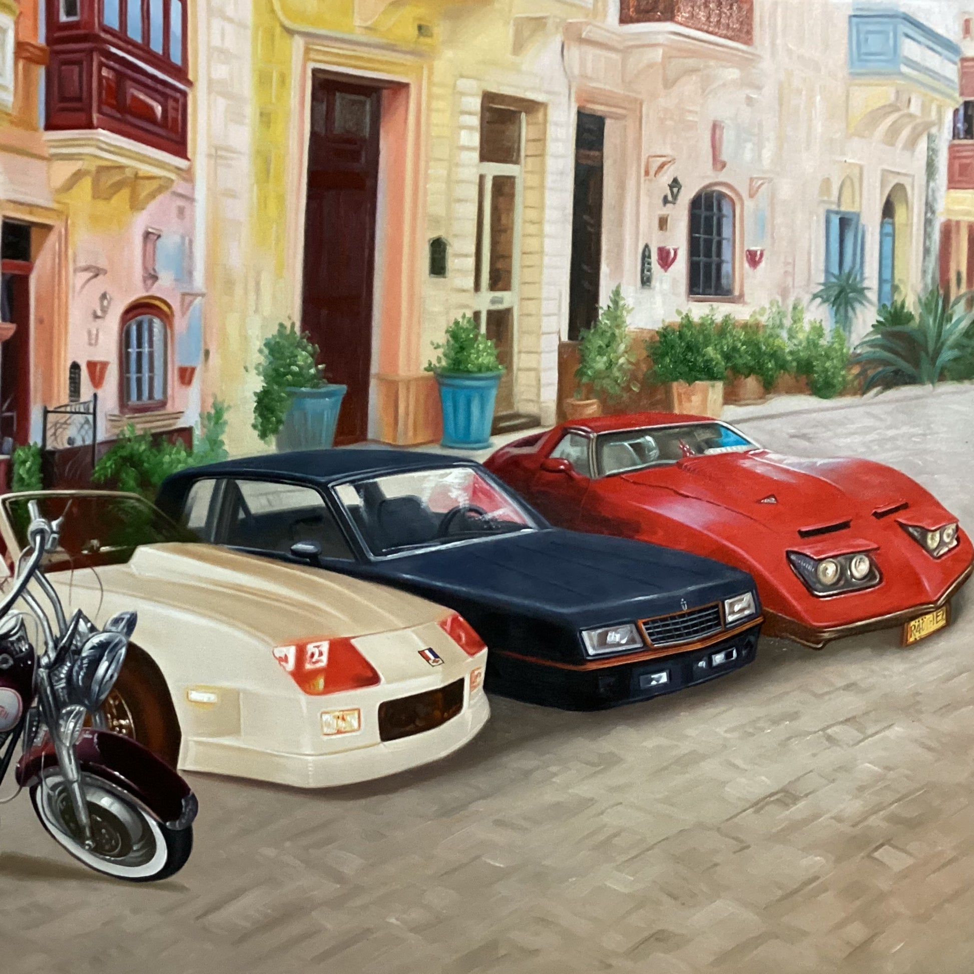Illustration of vintage cars and a motorcycle in front of a colorful building.