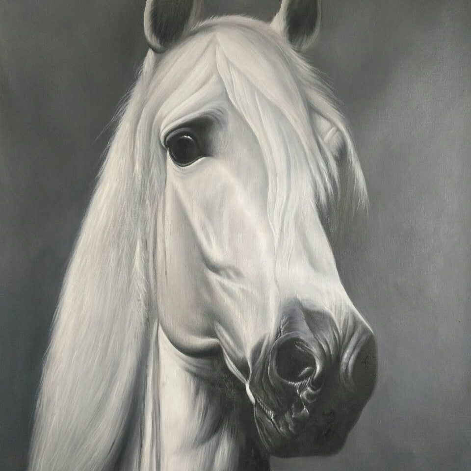 Artistic depiction of a horse's head on a gray background