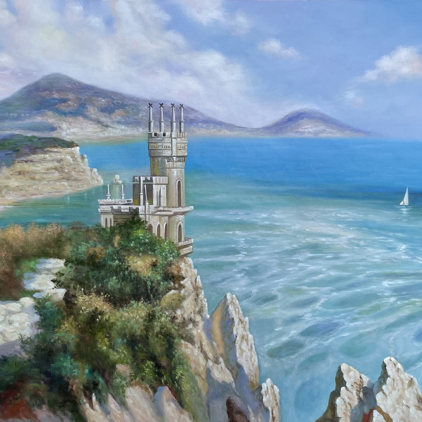 Painting of a castle on a cliff overlooking the ocean with sailboats.