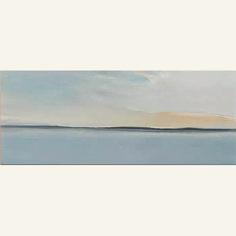 Abstract landscape painting with a blue sky and earthy tones