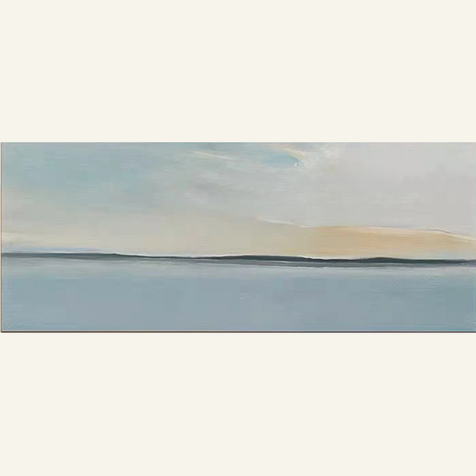 Abstract landscape painting with a blue sky and earthy tones