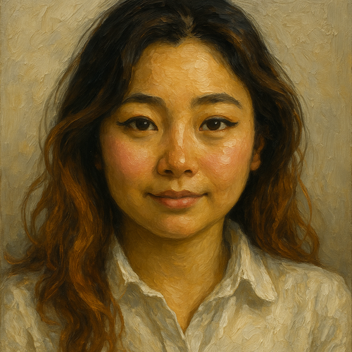 A hand-painted custom portrait of a woman with black hair, wearing a beige shirt, painted in a realistic style with oil on canvas.