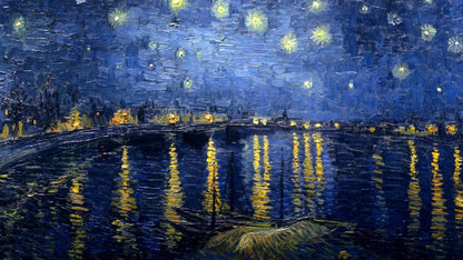 Famous painting of a night scene with illuminated buildings and stars over a river.